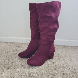 Maroon knee high heeled boots